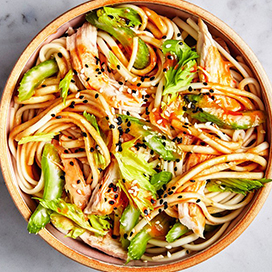 Udon with chicken and garlicky peanut dressing