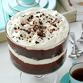 Prepare an Irish creme chocolate trifle with cake mix